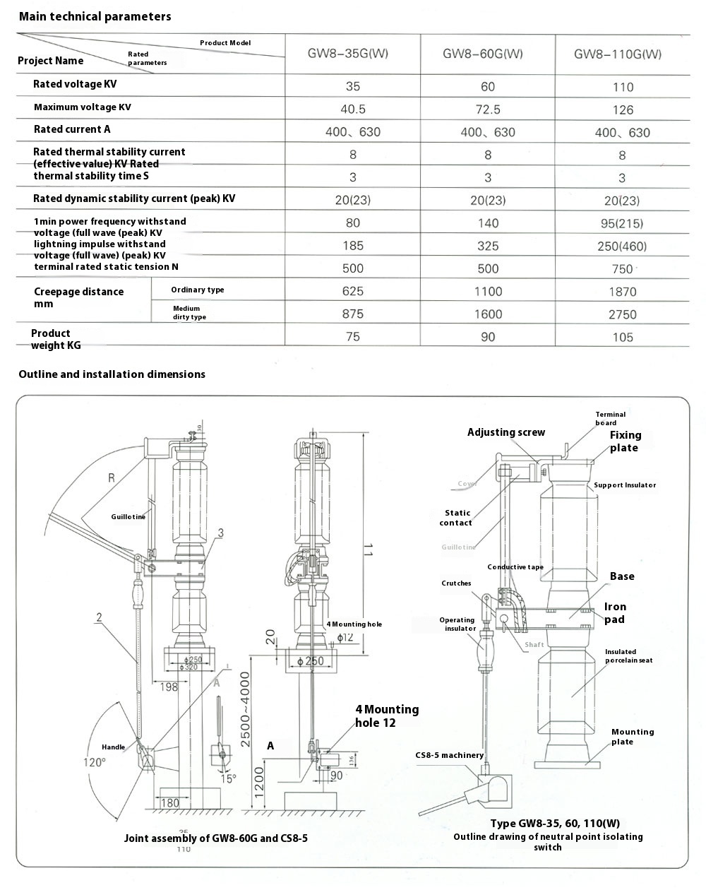 GW8-40.5/72.5/126kV Neutral Point High Voltage Isolator Switch