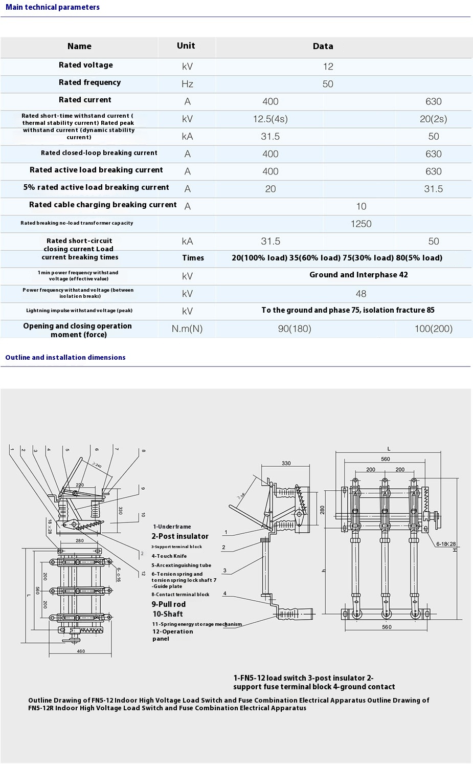 FN5-10RD/630A Indoor High Voltage Load Break Switch with Fuse Combination