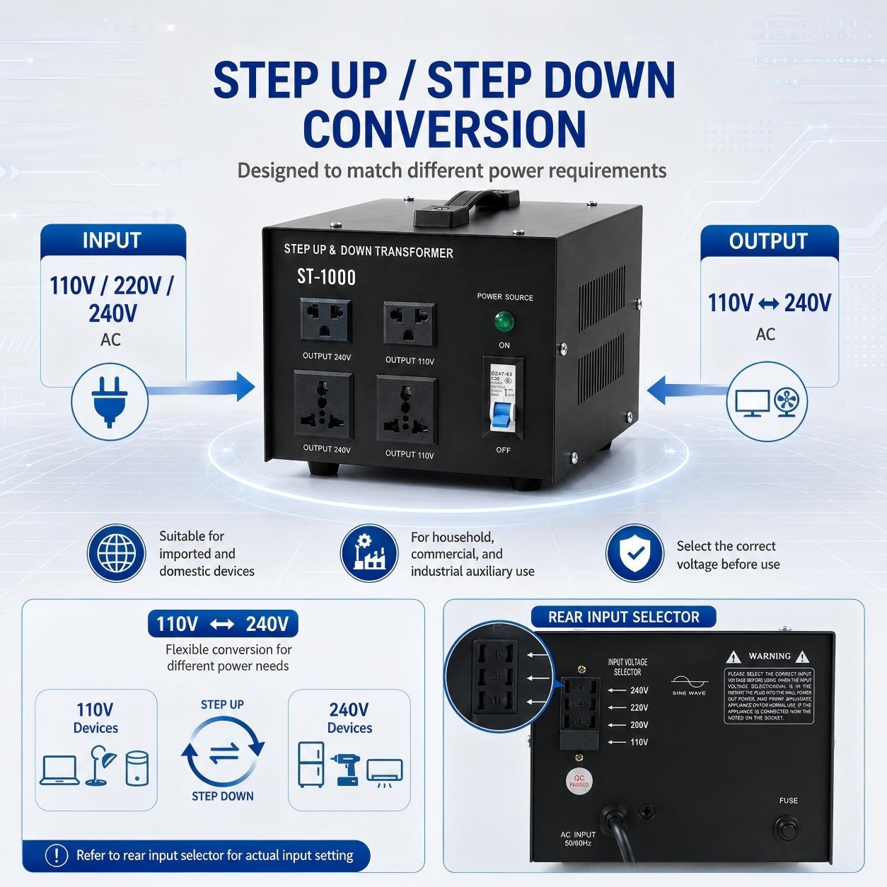ST Series Step Up & Step Down Autotransformer (110V/240V Bidirectional Voltage Converter)